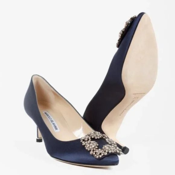 Manolo Blahnik Hangisi Blue Satin Jewel Pumps - Picture 5 of 11